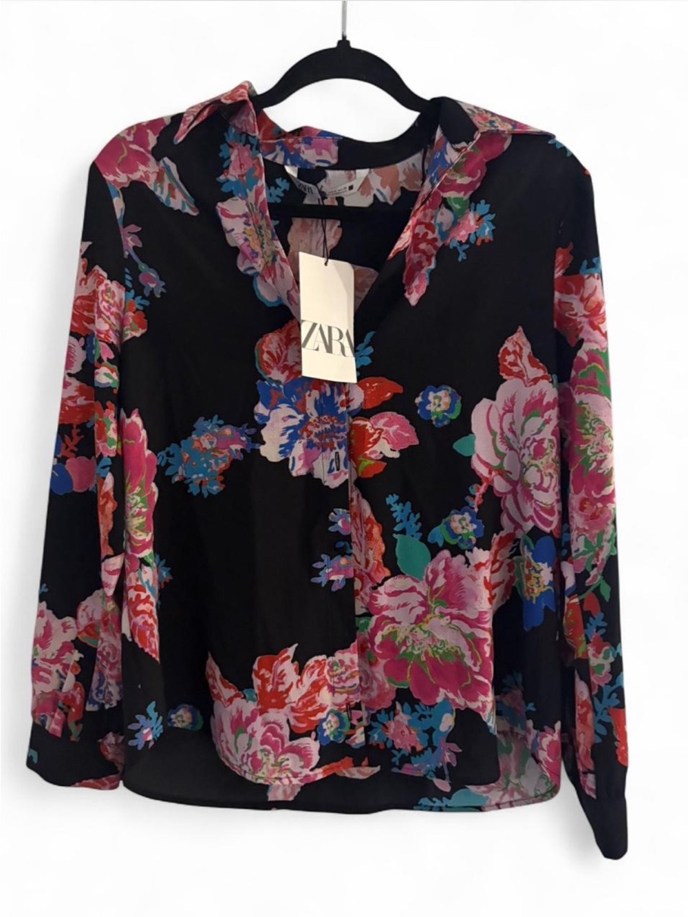 Zara Black Floral Button-Down Shirt with Pink, Blue & Green Accents